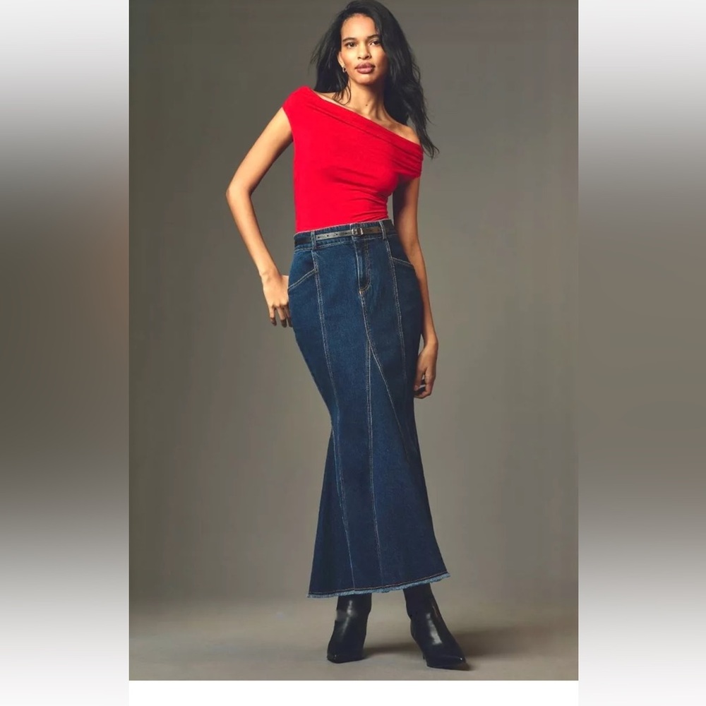 Anthropologie Pilcro Fluted Denim Maxi Skirt Fray Hem Stretch Dark Denim